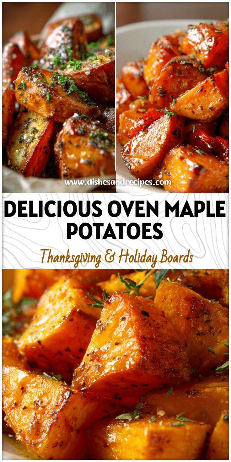 Close-up of maple glazed sweet potatoes oven roasted until golden and served as a comforting potato dish.